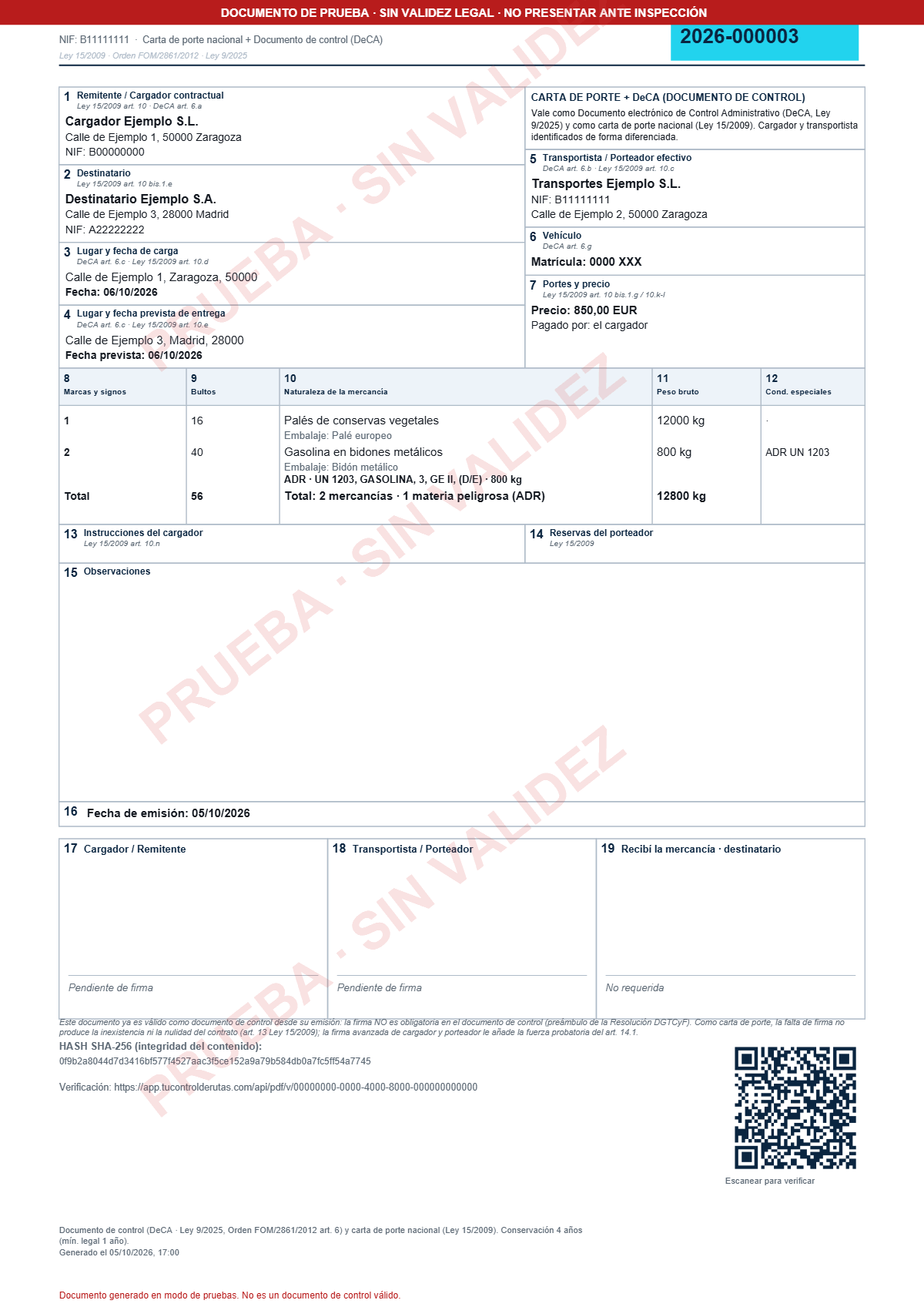 Ejemplo de carta de porte con documento de control en PDF: dos mercancías en filas separadas, una de ellas peligrosa con su línea ADR (número ONU, designación oficial, etiquetas, grupo de embalaje y código de túnel), el destinatario en su casilla y el código QR